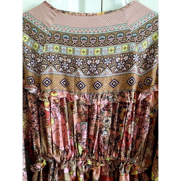Gypsy Boho Mini Dress Champagne and Pink Cotton Tiered Balloon Sleeves - M/L - Picture 10 of 10
